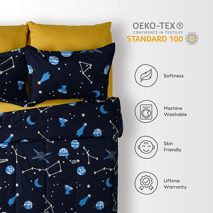 SLEEP ZONE Kids Twin Bedding Comforter Set - Super Cute & Soft Kids Bedding 5 Pieces Set with Comforter, Sheet, Pillowcase & Sham (Navy Galaxy)