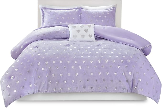 Mi Zone Rosalie Comforter Set for Girls, Ultra-Soft Microlight Plush Metallic Printed Hearts Brushed Reverse Overfilled Down Alternative Hypoallergenic All Season, Full/Queen, Purple/Silver, 4 Piece