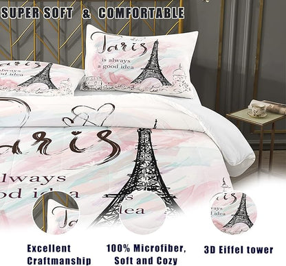 Bodhi Girls Comforter Bedding Set Queen,Pink Comforter Set for Girls,Paris Bedding Set,Girls Pink Bedding Set with Matching Pillowcase,Pink Girls Queen Size Bed Set,Eiffel Tower Bedding Set