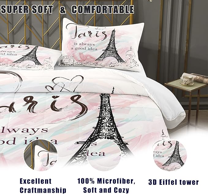 Bodhi Pink Comforter Set Twin,Paris Comforter Set for Girls,Cartoon Sketch Eiffel Tower Pink Bedding Set,Girls Pink Paris Bedding Set with Matching Pillowcase,Eiffel Tower Bedding Set
