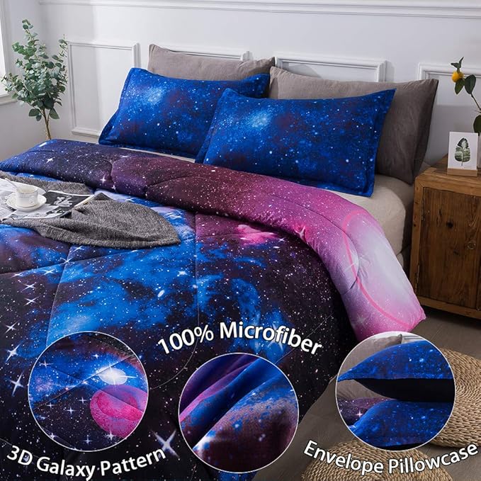 Litanika 3D Galaxy Comforter Twin(66x90lnch), 2 Pieces(1 Galaxy Comforter, 1 Pillowcase), Universe Cloud Outer Space Comforter, Microfiber Bedding Set for Boys Kids