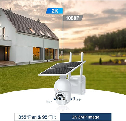 Ctronics 3MP Solar Security Camera Wireless Outdoor WiFi, PTZ Surveillacne Camera Battery-Powered for Home Security, 360° View, Spotlight Color Night Vision, PIR Human Detection, 2-Way Audio (White)