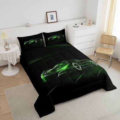 Feelyou Green Race Car Bedding Set King Size for Kids Boys Extreme Sport Games Comforter Set Teens Toddler Fast and Furious Duvet Set Cool Modern Quilt Set 3Pcs