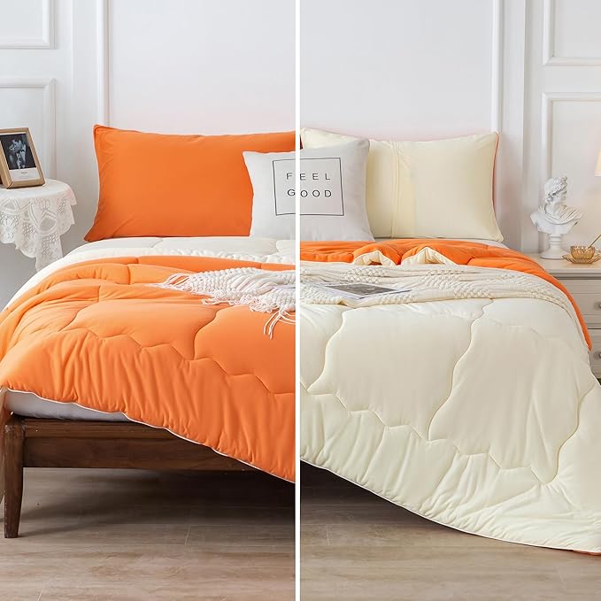 COTTEBED Reversible Ultra-Soft Bright Orange Beige Twin Comforter Set for Girl Boy Kid Dorm, Jersey Knit T-Shirt Feel Cute Lightweight Cozy Comfy Bedding Blanket Down Conforter All Season Twin/Twin XL