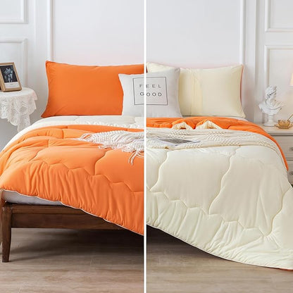 COTTEBED Reversible Ultra-Soft Bright Orange Beige Twin Comforter Set for Girl Boy Kid Dorm, Jersey Knit T-Shirt Feel Cute Lightweight Cozy Comfy Bedding Blanket Down Conforter All Season Twin/Twin XL