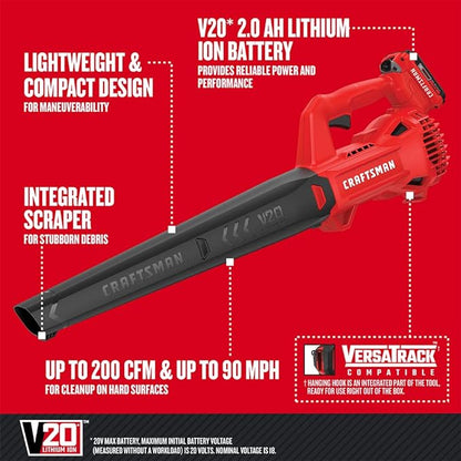 CRAFTSMAN 20V MAX Cordless Leaf Blower Kit with Battery & Charger Included (CMCBL710D1) Red