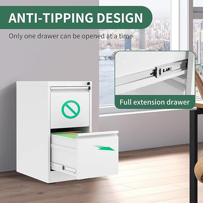 2 Drawer File Cabinet with Lock, Metal Vertical Filing Cabinets for Home Office, Steel Storage Cabinet for Hanging Legal/Letter Size Files, Assembly Required (White)