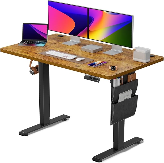 Standing Desk Adjustable Height, Electric Standing Desk with Starage Bag, Stand up Desk for Home Office Computer Desk Memory Preset with Headphone Hook, 48x24 Inch, Rustic