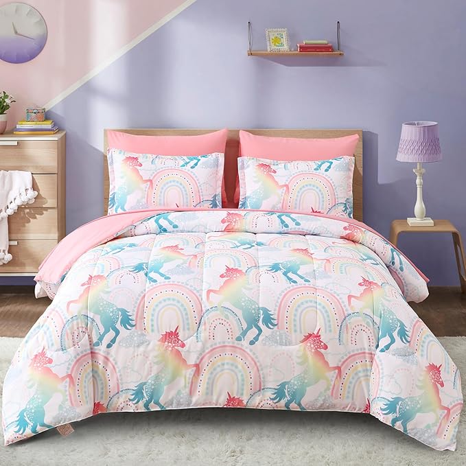 Queen Comforter Set for Girls, 7 Pieces Bed in a Bag, Colorful Unicorn Bedding Comforter Sheet Set, Ultra Soft and Fluffly, Pink & Rainbow Color, Colorful Bed in a Bag for Girls