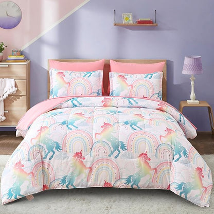 Queen Comforter Set for Girls, 7 Pieces Bed in a Bag, Colorful Unicorn Bedding Comforter Sheet Set, Ultra Soft and Fluffly, Pink & Rainbow Color, Colorful Bed in a Bag for Girls
