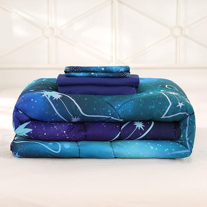 Wowelife Galaxy Bedding Set Full Size 5 Pieces Galaxy Space Comforter Set Blue 3D Galaxy Kids Comforter Sets Lightweight with Comforter, Flat Sheet, Fitted Sheet and 2 Pillowcases