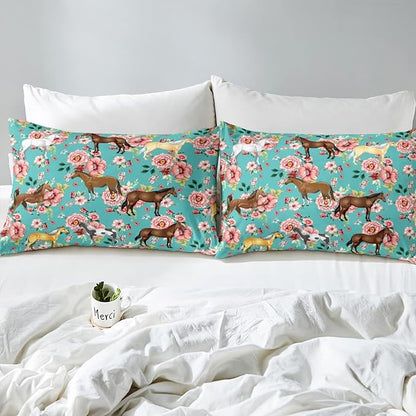Kids Horse Bedding Set Chic Retro Floral Bedding Comforter Set for Girls Teens Galloping Horse Printed Comforter 3D Wild Farm Animal Duvet Set Bedroom Decor Quilt Set 2Pcs Twin Size, Green Pink