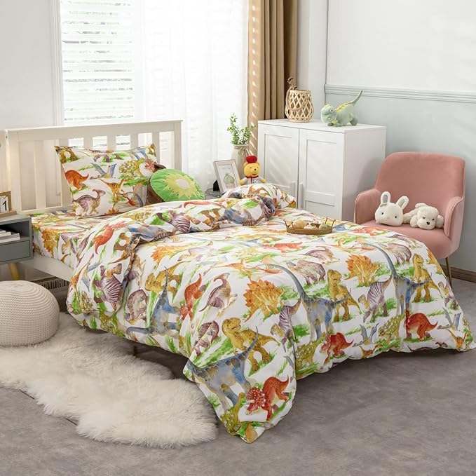 Feelyou Kids Dinosaur Comforter Set King Size Boys Girls Watercolor Cute Dino Bedding Set Ultra Soft Lightweight Jungle Animal Pattern Comforter for Children (1 Comforter + 2 Pillowcases, King)