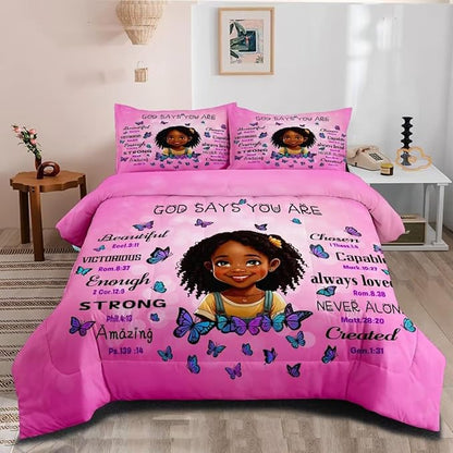 Black Girl Comforter Set Full for Kids Teens,God Says You are Comforter Set for Black Women,Black Girl Magic Bedding Set,African American Girl Bed Bedroom Set