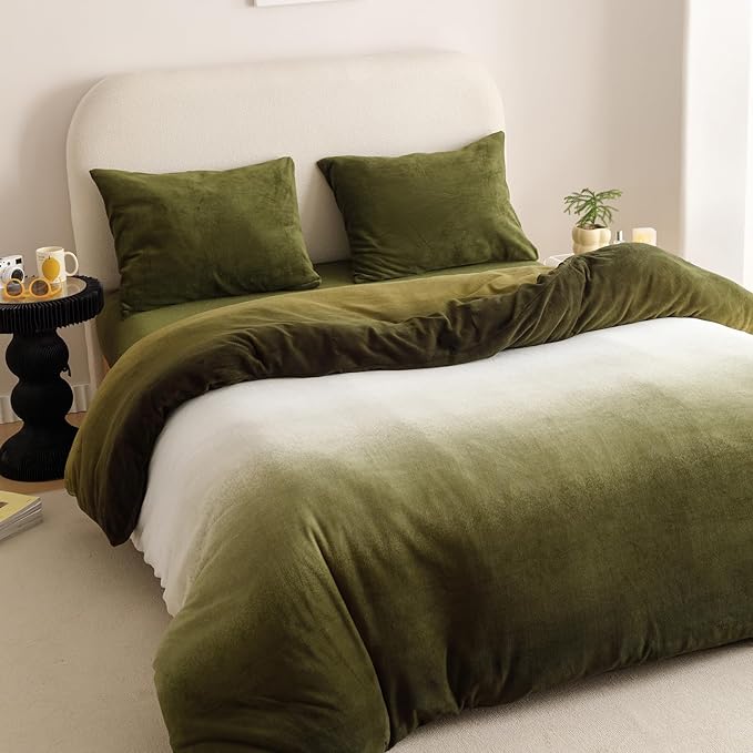 Wellboo Army Green Gradient Comforter Sets Twin Green White Fluffy Bedding Comforters Modern Gradient Dark Green Flannel Quilts Farmhouse Abstract Art Watercolor Comforters Sherpa Fuzzy Plush Bedding