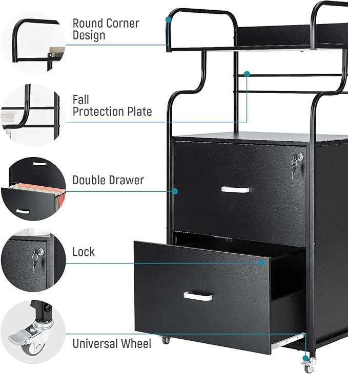 Vertical File Cabinet, 2 Drawer Mobile Filing Cabinet with 1 Bookshelf, Printer Stand with Open Storage Shelves Fits A4/Letter/Legal Size File Cabinets for Home Office Organizer, Black