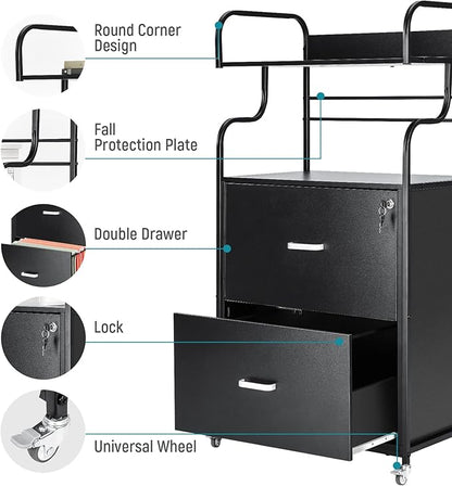 Vertical File Cabinet, 2 Drawer Mobile Filing Cabinet with 1 Bookshelf, Printer Stand with Open Storage Shelves Fits A4/Letter/Legal Size File Cabinets for Home Office Organizer, Black