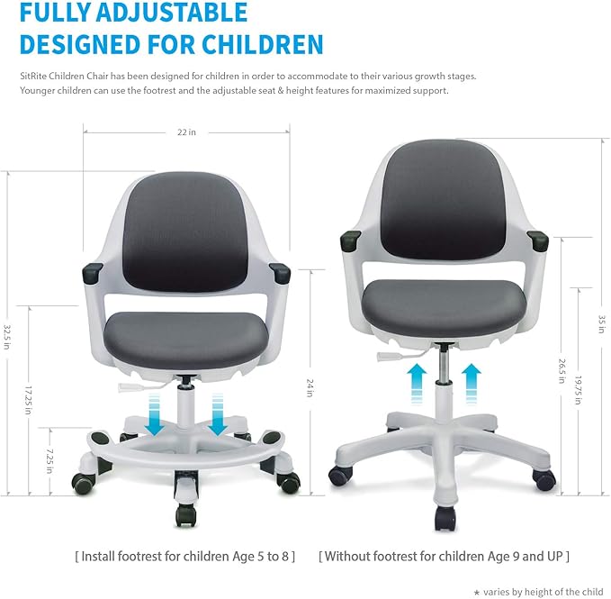 Kids Desk Chair: Ergonomic Kids Computer Chair | Adjustable Kids Office Chair with Wheels & Arms | Study Chair for Girls and Boys - Kids Chair Desk with Wheel Covers (Cyber Gray)