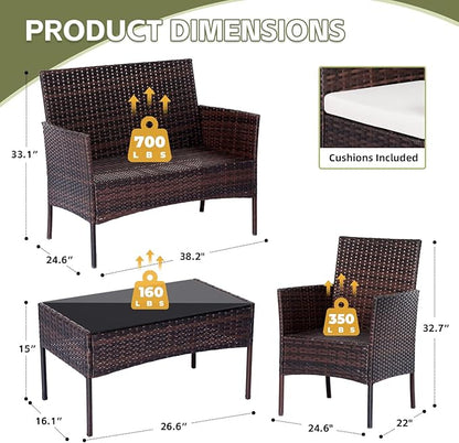 Patio Furniture Set 4 Pieces Conversation Sets Outdoor Wicker Rattan Chairs Garden Backyard Balcony Porch Poolside Loveseat with Soft Cushion and Tempered Glass Table(Brown/Beige)