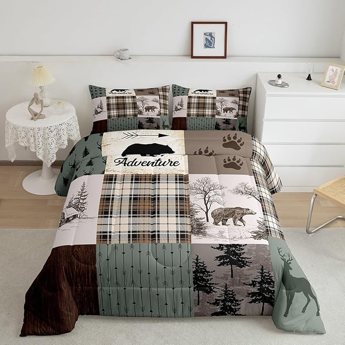 Rustic Farmhouse Kids Comforter Set King Size,Deer Antlers Bear Paws Plaids Patchwork Bedding Set for Boys Girls Adults Room Decor,Pine Trees Arrows Down Comforter,Xmas Duvet Insert,2 Pillowcases