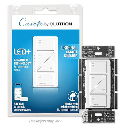 Lutron Caseta Smart Lighting Original Dimmer Switch (Lutron Smart Hub Required), for Light Bulbs, 150 Watt, Single-Pole/3-Way, No Neutral Required, PD-6WCL-WH, White