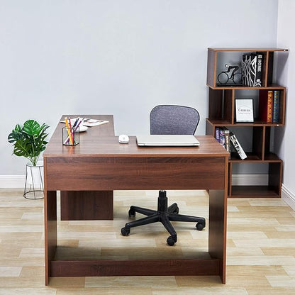 FurnitureR 47.2-Inch L-Shaped Computer Desk Home Office Study Writing Corner Gaming Table Retro Design Work Station Space-Saving for Study Room Bedroom, Walnut