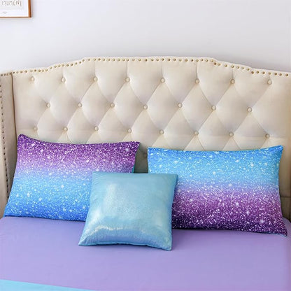 A Nice Night Girls Comforter Set Twin Size 6 Piece Bed in A Bag 3D Colorful Sparkle Galaxy Rainbow Bedding Comforter Sheet Sets for Kids,BluePurple