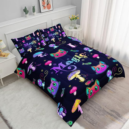 Datura home Mushroom Cat Kids Comforter Bedding Set for Boys Girls, Cartoon Mixed Color Mushroom and Cute Cat Fishbone Pattern Comforter with 2 Pillowcases(Mushroom Cat Full)