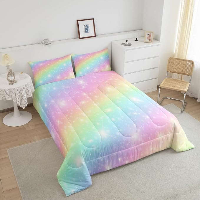 Erosebridal Rainbow Bedding Set For Kids Girls Teens Women Tie Dye Pastel Comforter Set Queen Size Golden Stars Glitter Bedding Comforter Set Watercolor Art Girly Quilt Set Sweet Bedroom Decor 3 Piece