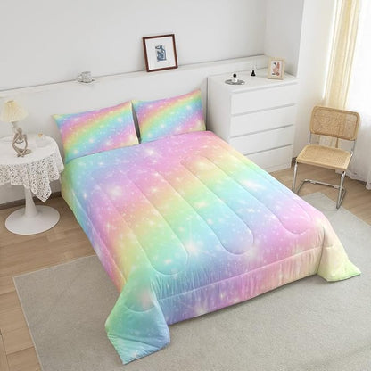 Erosebridal Rainbow Bedding Set For Kids Girls Teens Women Tie Dye Pastel Comforter Set Queen Size Golden Stars Glitter Bedding Comforter Set Watercolor Art Girly Quilt Set Sweet Bedroom Decor 3 Piece