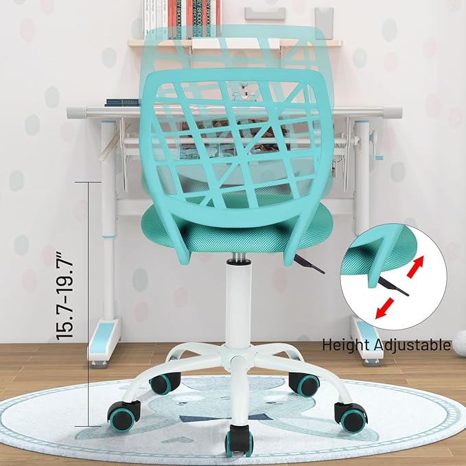 FurnitureR Kids Desk Chair, Armless Office Chair Small Adjsutable Swivel Task Chair with Soft Cushion for Study Kids Teens Child, Turquoise