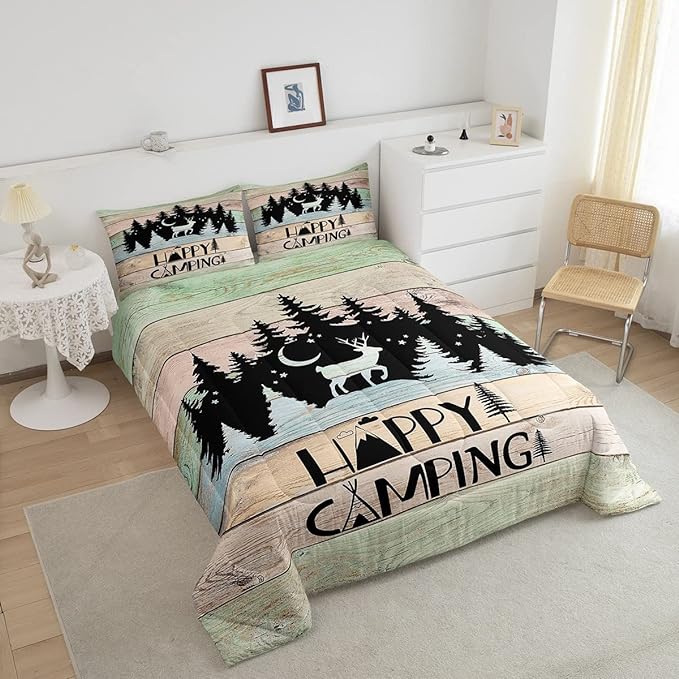 Kids Happy Camping Comforter Set King,Cute Deer Camper Bedding Set Rustic Farmhouse Woodland Animal Comforter for Boys Girls Old Barn Door Quilted Duvet Star Moon Pine Tree Decor 3 Pcs Black Green