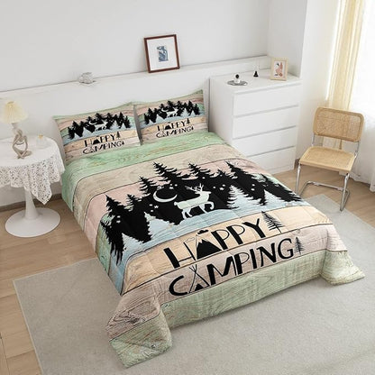 Kids Happy Camping Comforter Set Twin,Cute Deer Camper Bedding Set Rustic Farmhouse Woodland Animal Comforter For Boys Girls Old Barn Door Quilted Duvet Star Moon Pine Tree Decor 2 Pcs Black Green