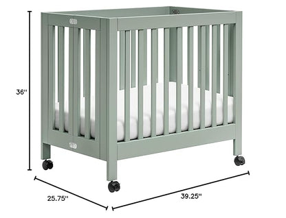 Babyletto Origami Mini Portable Crib Folding with Wheels in Light Sage, 2 Adjustable Mattress Positions, Greenguard Gold Certified