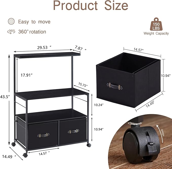 VECELO Mobile Lateral File Cabinet Rolling Printer Stand with 3 Open Storage Shelf, Ideal for Letter Size Folders, with Lockable Casters, Strong Steel Frame, Perfect for Office, Black, 2 Drawer