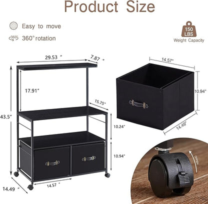 VECELO Mobile Lateral File Cabinet Rolling Printer Stand with 3 Open Storage Shelf, Ideal for Letter Size Folders, with Lockable Casters, Strong Steel Frame, Perfect for Office, Black, 2 Drawer