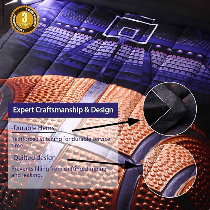 Btargot Basketball Comforter Sets Full for Boys Teens,3D Sports Basketball Bedding,Soft Microfiber Reversible Quilt with 2 Matching Pillow Shams