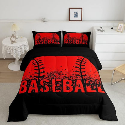 Baseball Comforter Set Queen Size Kids Red Black Sports Quilt Bedding Set For Boys Girls,Reversible Black Bedding Comforter Sets Soft Lightweight For All Season,1 Comforter And 2 Pillow Cases