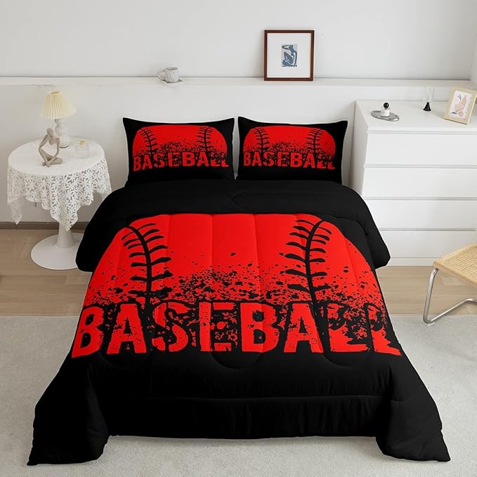 Baseball Comforter Set Full Size Kids Red Black Sports Quilt Bedding Set For Boys Girls,Reversible Black Bedding Comforter Sets Soft Lightweight For All Season,1 Comforter And 2 Pillow Cases