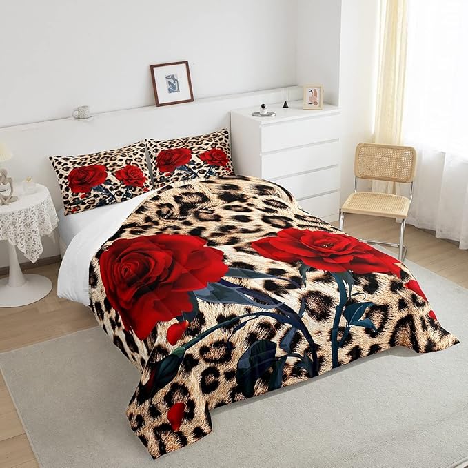 Rose Flower Comforter Set for Teens Adult Women Wedding Gift, Leopard Print Bedding Set Queen Size, Valentine's Day Cheetah Duvet Sets Leopard Animal Skin Down Comforter for Bedroom Decor, Brown