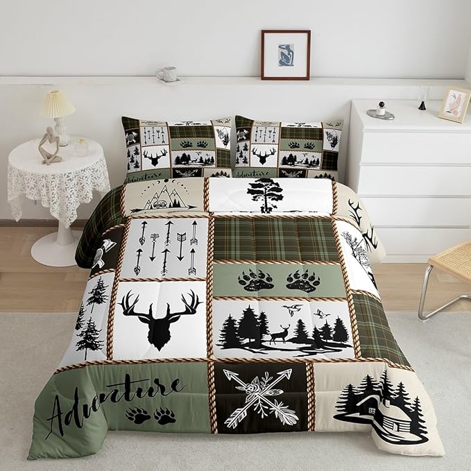 Rustic Farmhouse Kids Comforter Set Full Size,Deer Antlers Bear Paws Plaids Patchwork Bedding Set for Boys Girls Adults Room Decor,Pine Trees Arrows Down Comforter,Retro Duvet Insert,2 Pillowcases