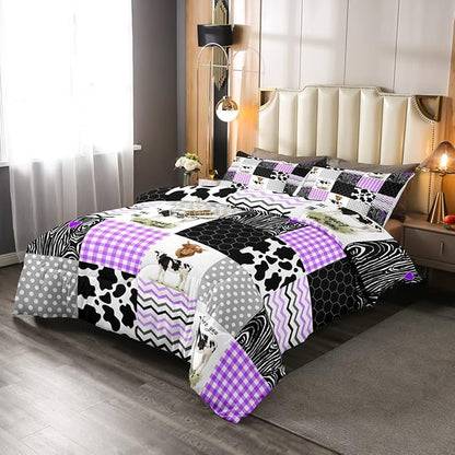 Erosebridal Cute Cow Print Comforter Set King Size Kawaii Highland Cow Bedding Set Bedroom Decor Honeycomb Plaid Pattern Geometric Stripes Down Comforter Farm Animals Duvet Set, Purple Black Grey