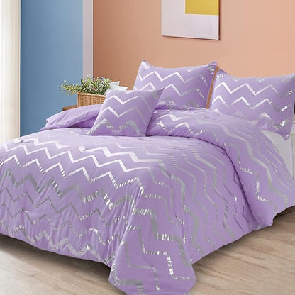 Purple/Silver Comforter Set Twin, Lavender Metallic Print Glitter Bedding Set Cute Shinny Lilac Bed Sets for Teen Girls Kids Women, 3 Piece (1 Pillowcase, 1 Decorative Pillow Sham)