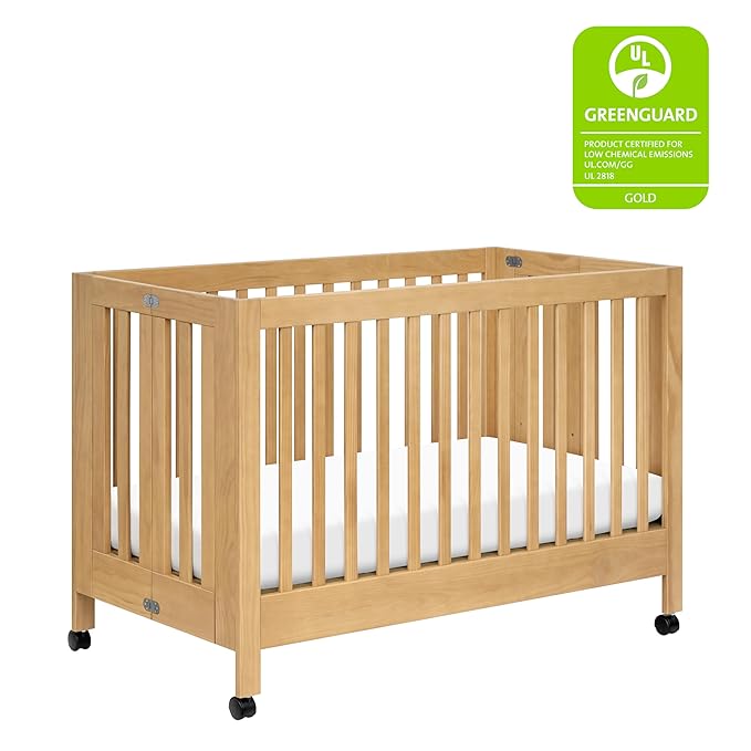 Babyletto Maki Full-Size 2-in-1 Portable Folding Crib with Toddler Bed Conversion Kit in Honey, Greenguard Gold Certified