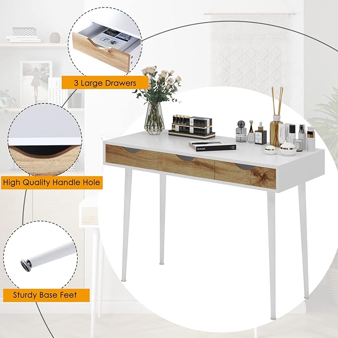 SogesHome 43.3 Computer Desk, Home Office Work Table with 3-Drawers, Gaming Working Writing Table, White&Teak