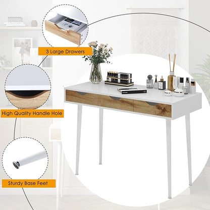 SogesHome 43.3 Computer Desk, Home Office Work Table with 3-Drawers, Gaming Working Writing Table, White&Teak