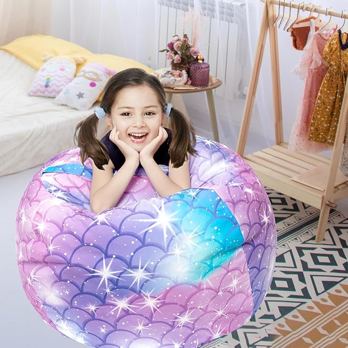 Stuffed Animal Storage Bean Bag Chair Cover, Hold Kids Plush Toys Blankets Towels Beanbag (Cover Only), Floor Circle Stuff Sit Seat Sofa with YKK Zipper, Extra Large 38", Classic Mermaid