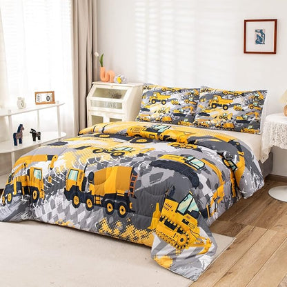 Feelyou Kids Construction Comforter Set Queen Size Bedding Sets for Boys Toddler Children Cartoon Excavator Tractor Comforter Set Construction Machinery Truck Duvet Set Baby Boys Vehicles Cars Bed Set