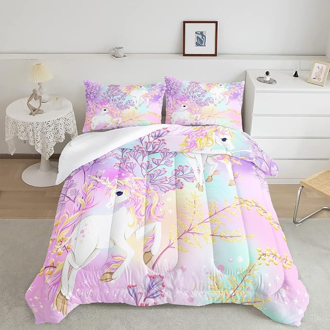 CVHOUSE Rainbow Unicorn Bedding Twin Size,Rainbow Unicorn Bedding Set for Girls Kids Teens,Rainbow Unicorn Comforter Set Unicorn Duvet Set Unicorn Quilt Set Girls Room Decor 3 Pieces