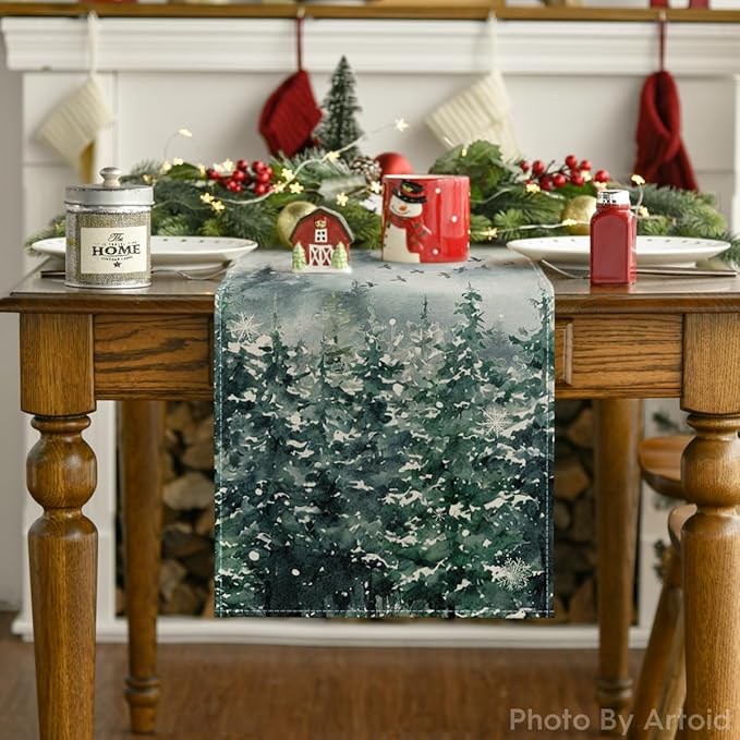Artoid Mode Green Tree Snow Christmas Table Runner, Seasonal Winter Holiday Kitchen Dining Table Decoration for Home Party Decor 13x72 Inch
